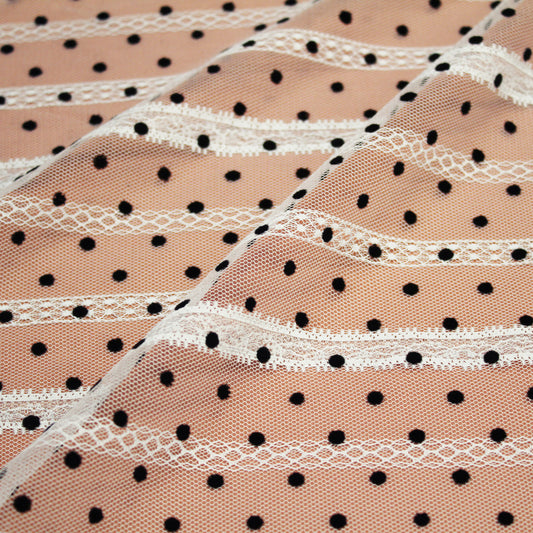 Tulle Flock Pois con Ricamo Effetto Nastro
