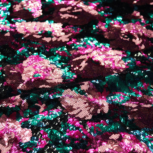 Tulle Nero Ricamato con Paillettes a Campo Pieno con Fiori Grandi Multicolor