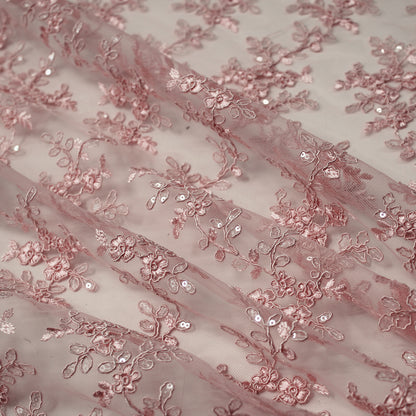 Tulle Rebrodato Ricamato con Fiori e Paillettes