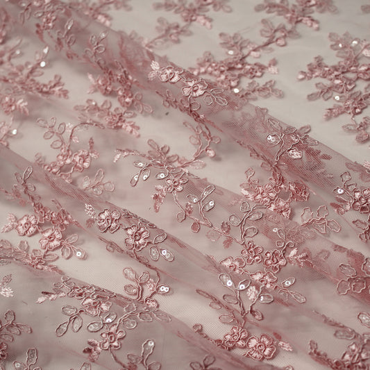 Tulle Rebrodato Ricamato con Fiori e Paillettes
