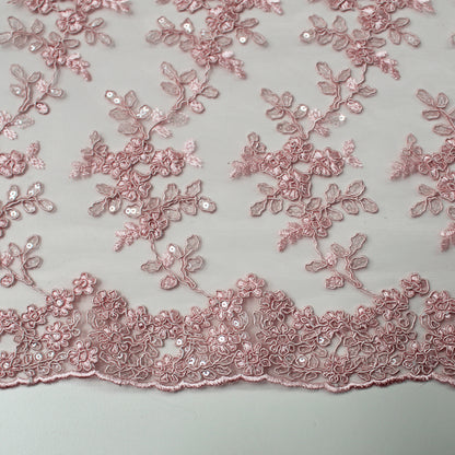 Tulle Rebrodato Ricamato con Fiori e Paillettes