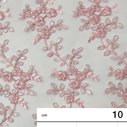 Tulle Rebrodato Ricamato con Fiori e Paillettes