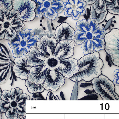 White Embroidered Tulle with Raised Blue Flowers