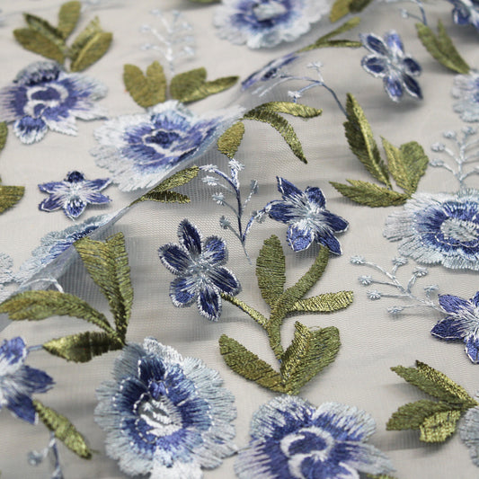 Tulle Ricamato Celeste con Fiori in Lurex