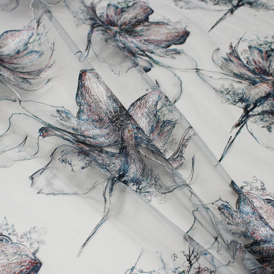Tulle Ricamato a Filo con Fiori Grandi