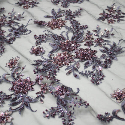 Tulle Ricamato a Filo con Fiori a Stella, Paillettes, Coralli e Perline