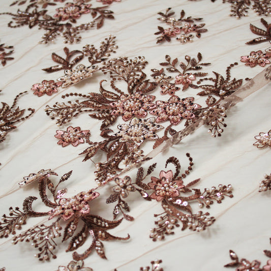 Tulle Ricamato a Filo con Fiori a Stella, Paillettes, Coralli e Perline
