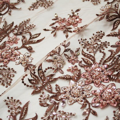 Tulle Ricamato a Filo con Fiori a Stella, Paillettes, Coralli e Perline