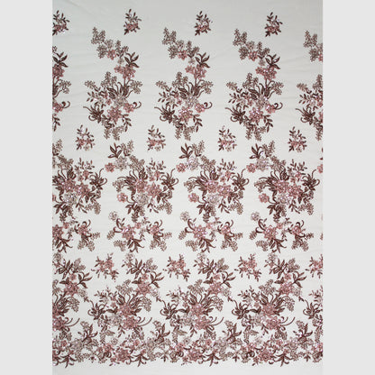 Tulle Ricamato a Filo con Fiori a Stella, Paillettes, Coralli e Perline