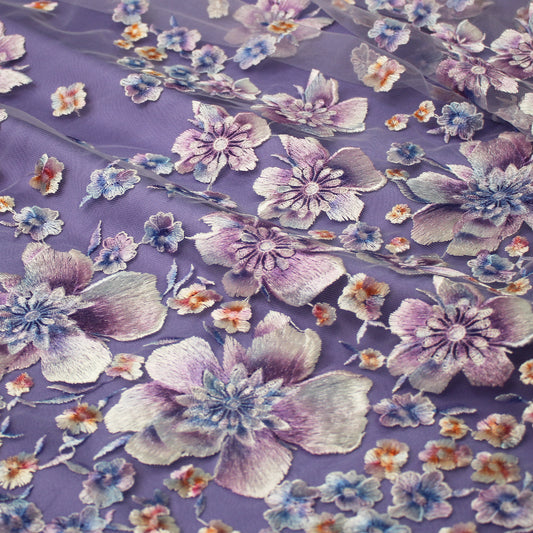 Tulle Ricamato a Filo Stampato con Fiori a Degradè