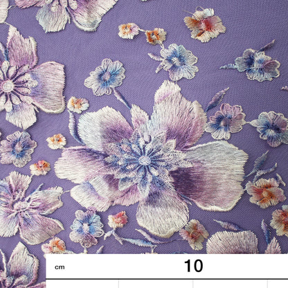 Embroidered Tulle with Printed Thread and Degradé Flowers