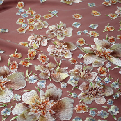 Embroidered Tulle with Printed Thread and Degradé Flowers