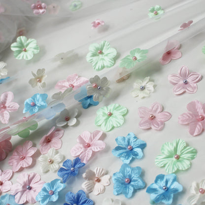 Embroidered Tulle with 3D Degradé Flowers in Multicolor Organza and Beads