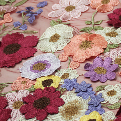 Tulle Ricamato con Fiori 3D Multiforme e Foglie