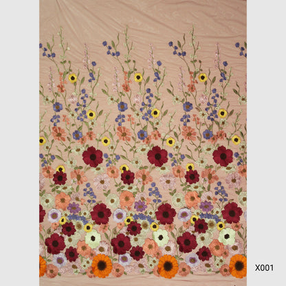 Tulle Ricamato con Fiori 3D Multiforme e Foglie