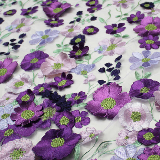 Tulle Ricamato con Fiori 3D Multiforme e Foglie