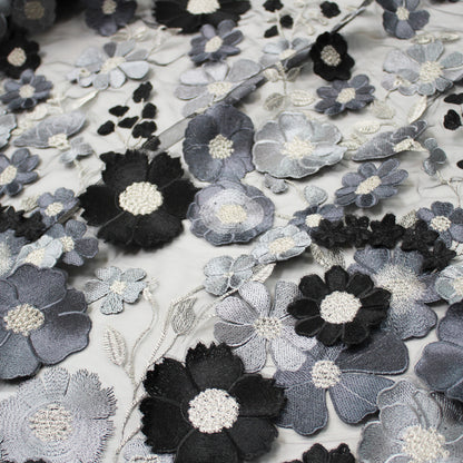 Tulle Ricamato con Fiori 3D Multiforme e Foglie