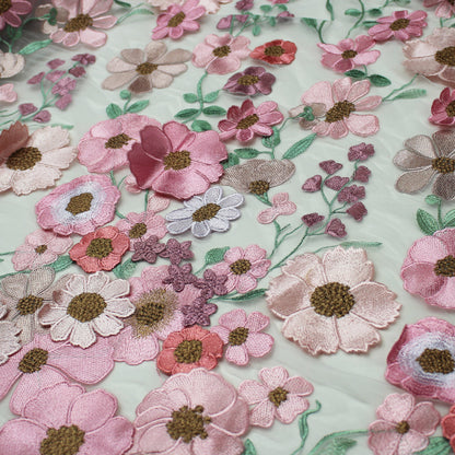 Tulle Ricamato con Fiori 3D Multiforme e Foglie