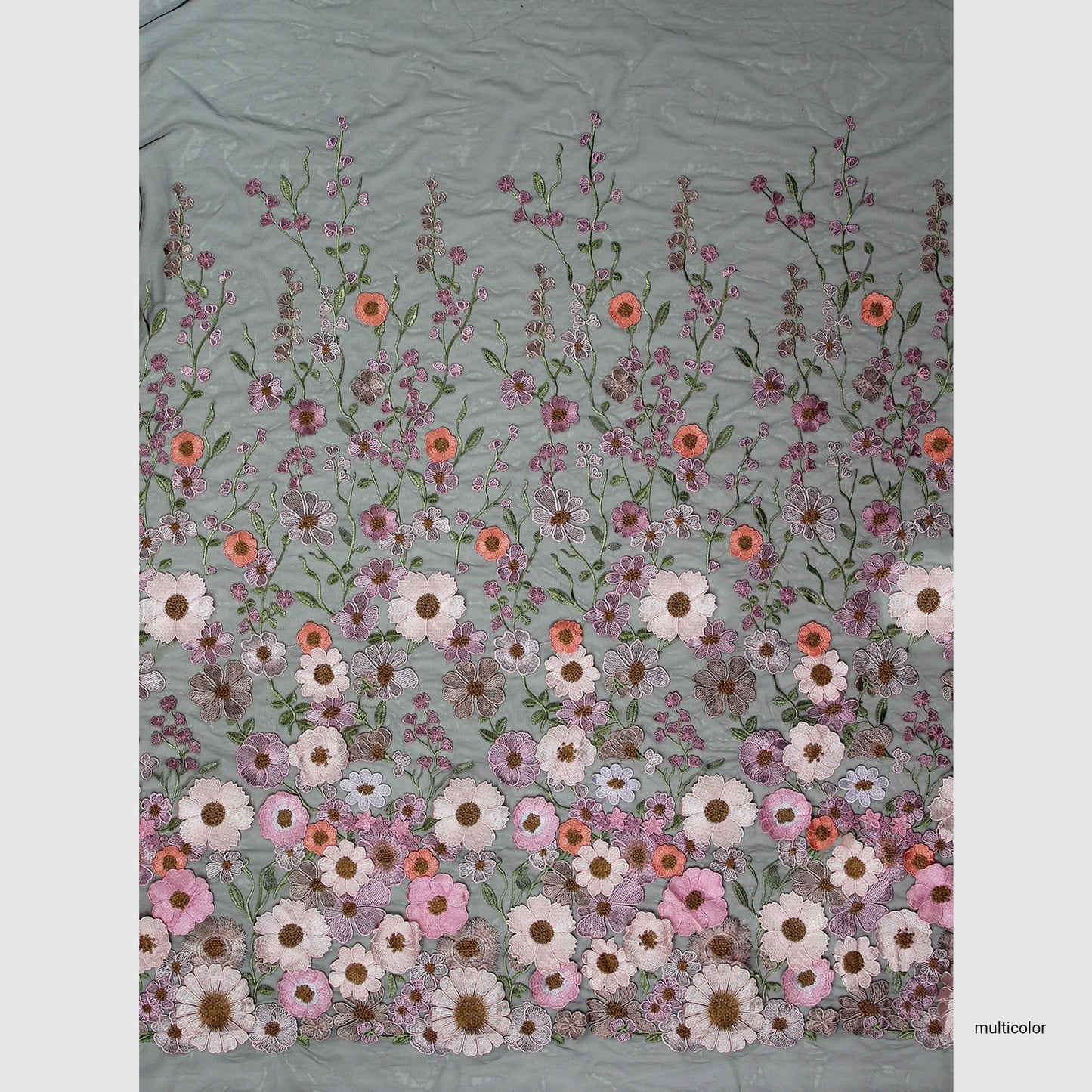 Tulle Ricamato con Fiori 3D Multiforme e Foglie
