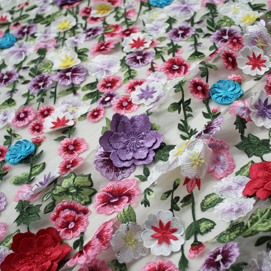 Tulle Ricamato con Fiori 3D e Ricamati a Filo Multicolor