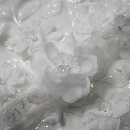 Embroidered Tulle with Organza Flowers, Beads, Corals, and Paillettes