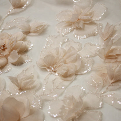 Embroidered Tulle with Organza Flowers, Beads, Corals, and Paillettes