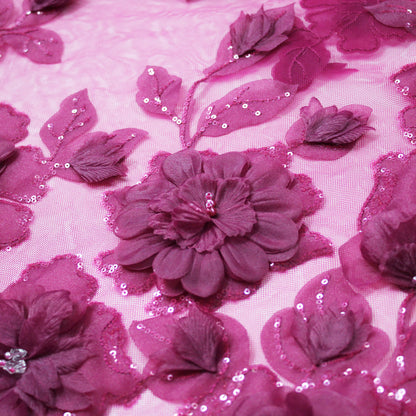 Embroidered Tulle with Organza Flowers, Beads, Corals, and Paillettes