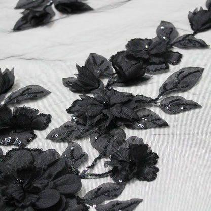 Embroidered Tulle with Organza Flowers, Beads, Corals, and Paillettes
