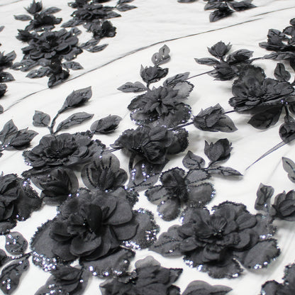 Embroidered Tulle with Organza Flowers, Beads, Corals, and Paillettes