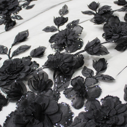 Embroidered Tulle with Organza Flowers, Beads, Corals, and Paillettes