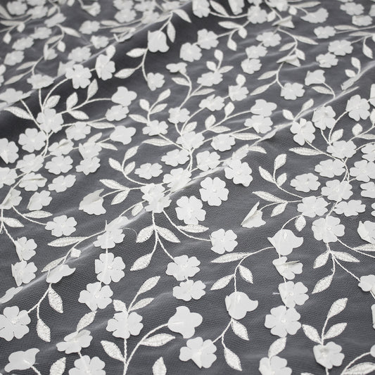 Embroidered Tulle with Raised Flowers and Embroidered Leaves