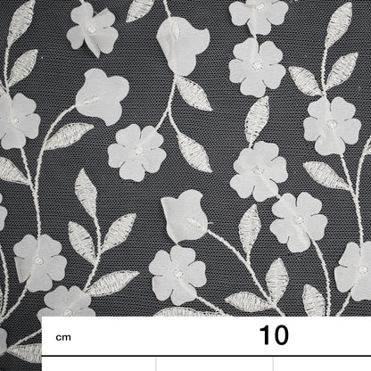 Embroidered Tulle with Raised Flowers and Embroidered Leaves