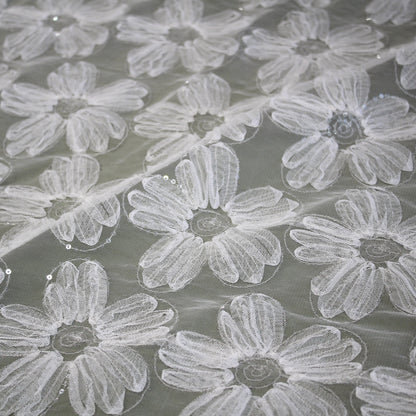 Tulle Ricamato con Fiori in Tulle e Paillettes