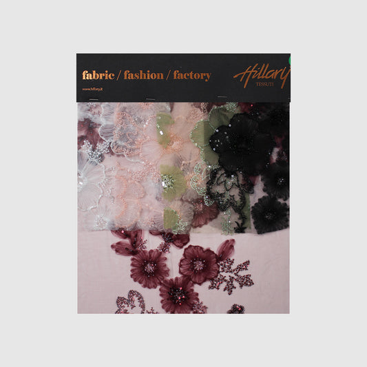 Embroidered Tulle with Tulle Flowers, Paillettes, and Coral Beads Sample