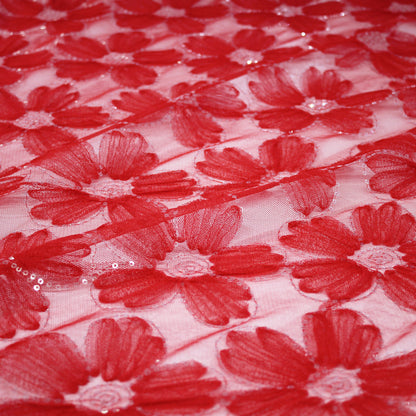 Tulle Ricamato con Fiori in Tulle e Paillettes