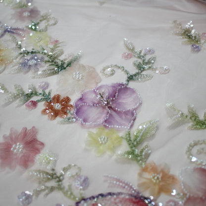Embroidered Tulle with Tulle Flowers, Beads, Corals, and Multicolor Paillettes