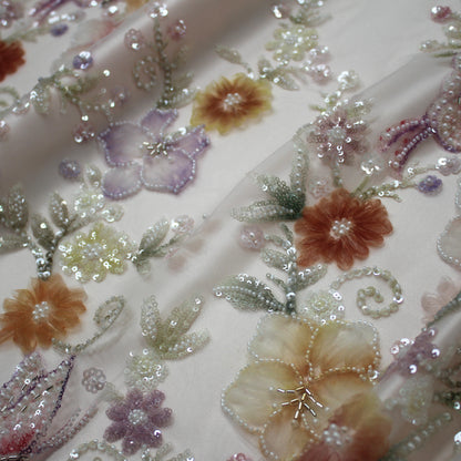Embroidered Tulle with Tulle Flowers, Beads, Corals, and Multicolor Paillettes