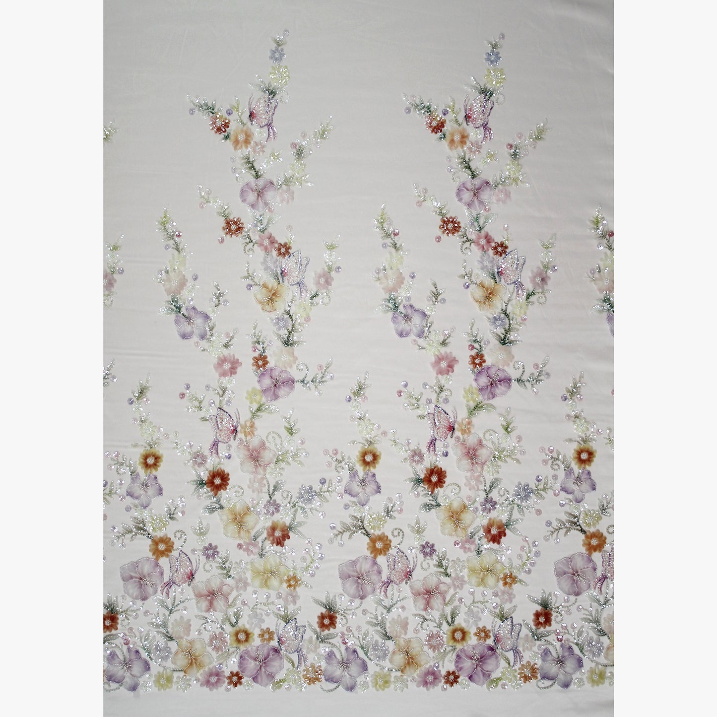Embroidered Tulle with Tulle Flowers, Beads, Corals, and Multicolor Paillettes