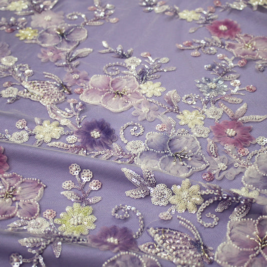 Embroidered Tulle with Tulle Flowers, Beads, Corals, and Multicolor Paillettes
