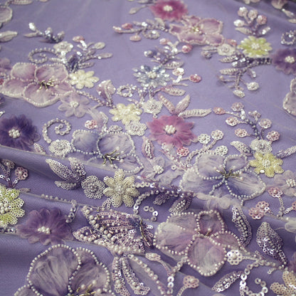 Embroidered Tulle with Tulle Flowers, Beads, Corals, and Multicolor Paillettes