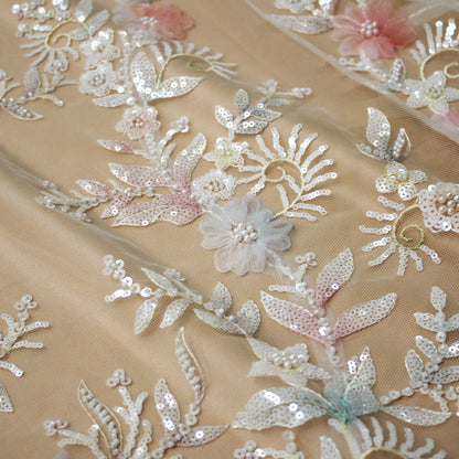 Embroidered Tulle with Ombre Tulle Flowers, Leaves, Paillettes, and Corals