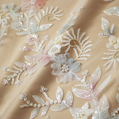 Embroidered Tulle with Ombre Tulle Flowers, Leaves, Paillettes, and Corals