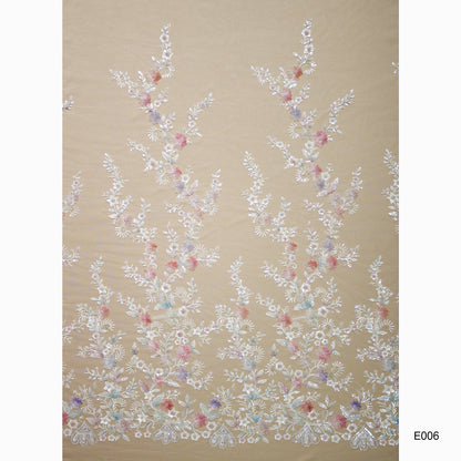 Embroidered Tulle with Ombre Tulle Flowers, Leaves, Paillettes, and Corals