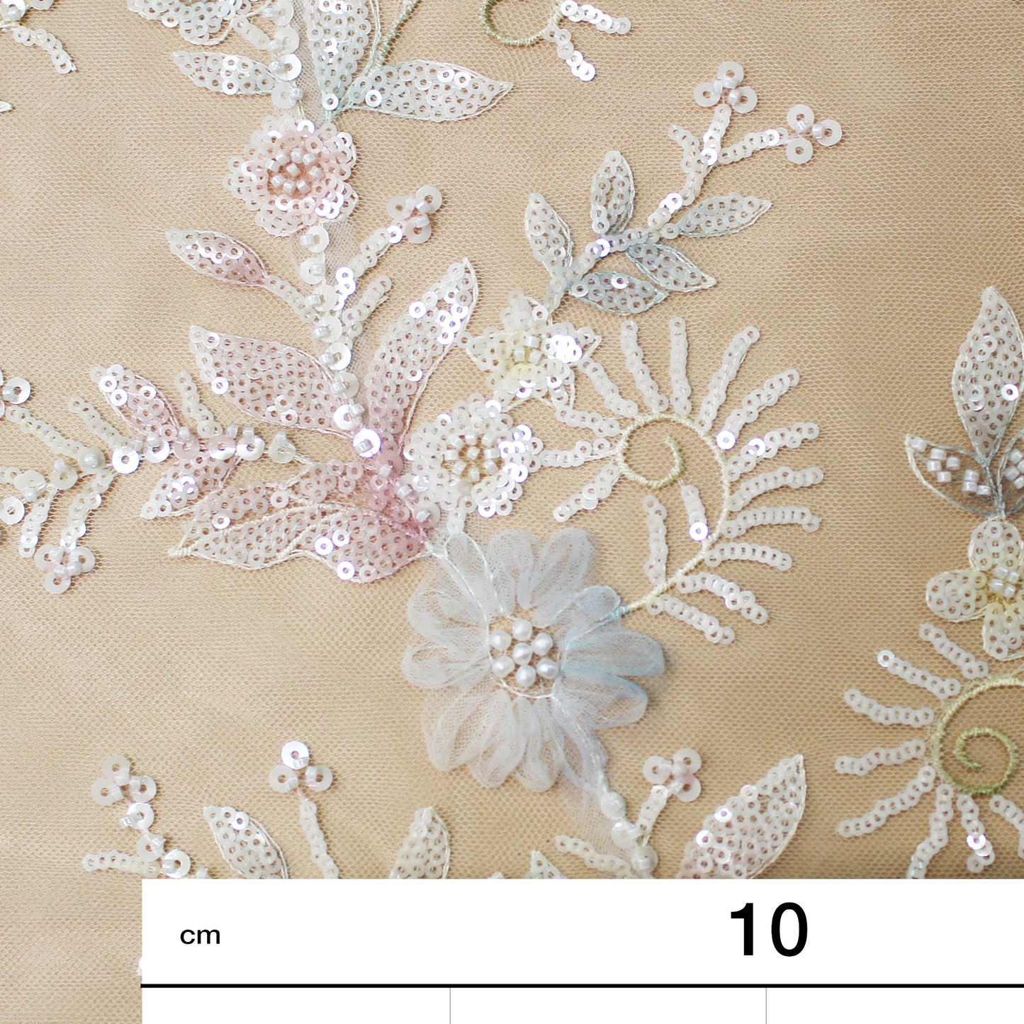 Embroidered Tulle with Ombre Tulle Flowers, Leaves, Paillettes, and Corals