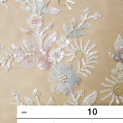 Embroidered Tulle with Ombre Tulle Flowers, Leaves, Paillettes, and Corals