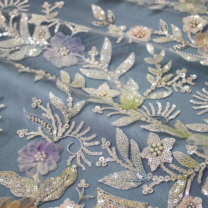 Embroidered Tulle with Ombre Tulle Flowers, Leaves, Paillettes, and Corals