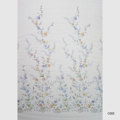 Embroidered Tulle with Ombre Tulle Flowers, Leaves, Paillettes, and Corals