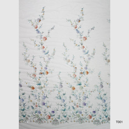 Embroidered Tulle with Ombre Tulle Flowers, Leaves, Paillettes, and Corals
