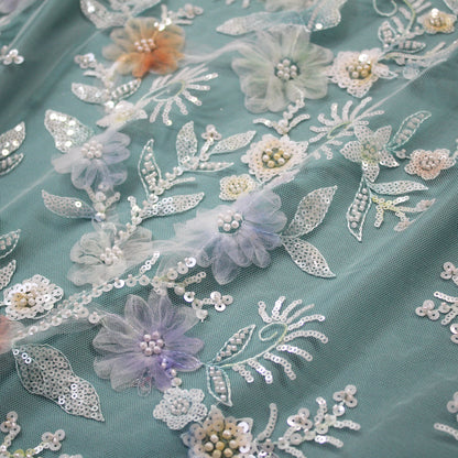 Embroidered Tulle with Ombre Tulle Flowers, Leaves, Paillettes, and Corals