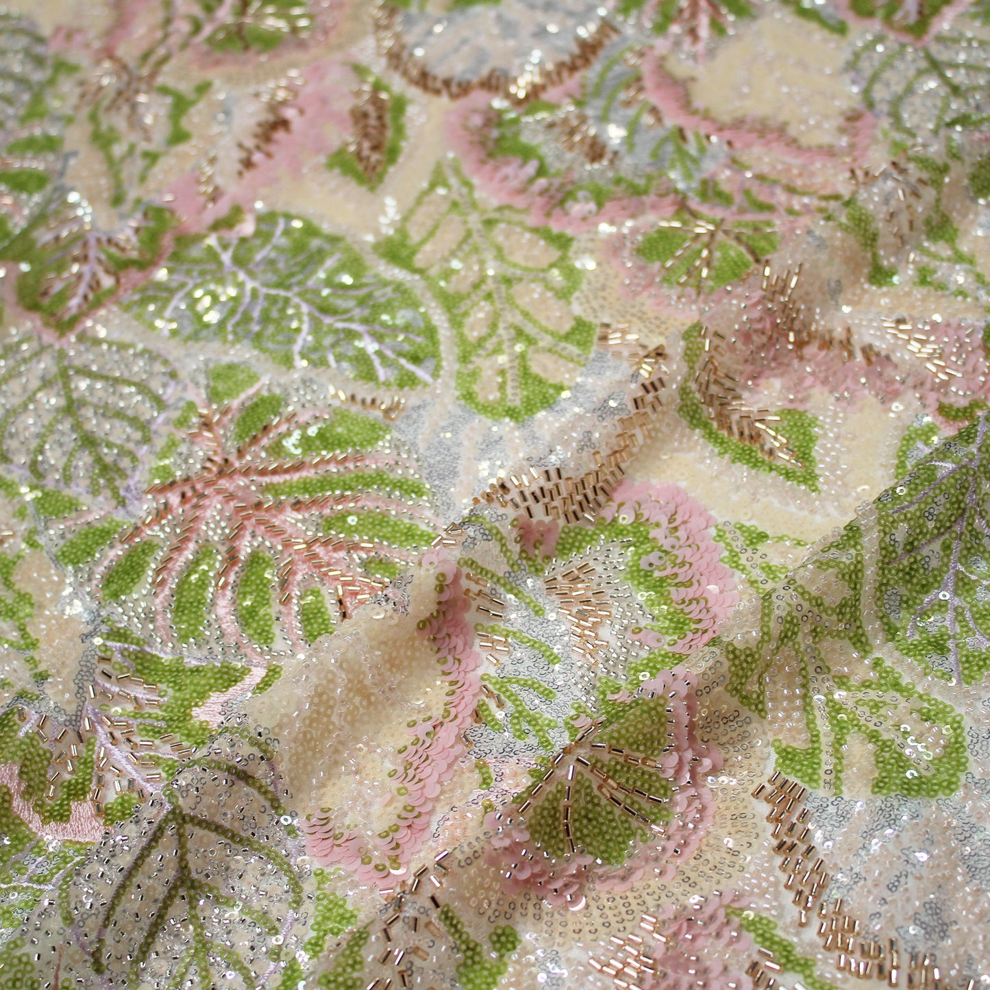 Embroidered Tulle with Full-Field Leaves, Multicolor Paillettes, and Corals